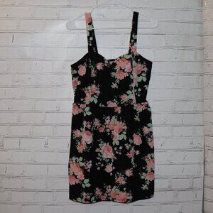 🌸 Sleeveless Floral Dress · Black with Pink & Peach Blooms · Approx. Size XL